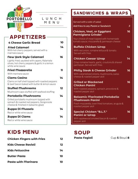 portobello restaurant menu and prices